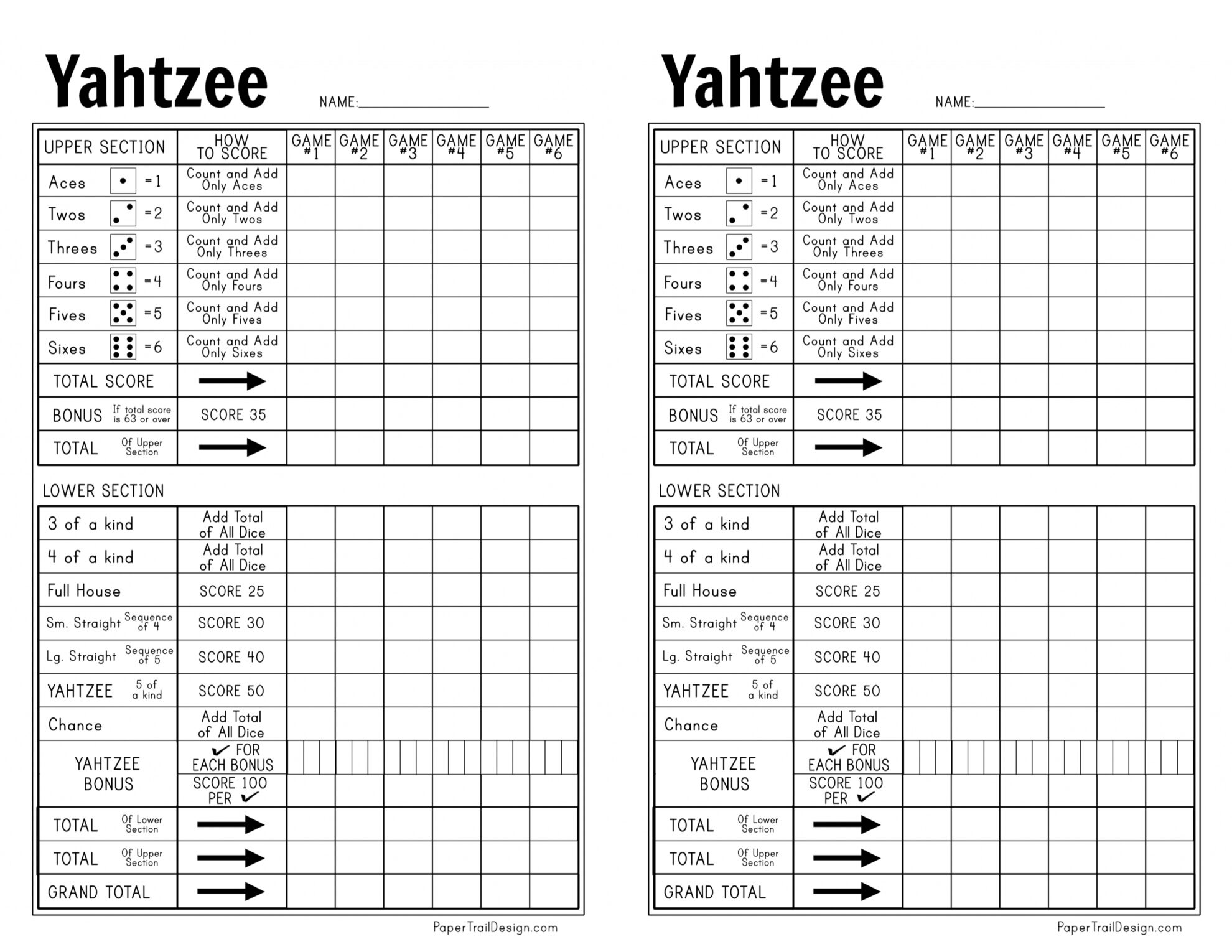 Printable Yahtzee Score Sheets 4 Per Page